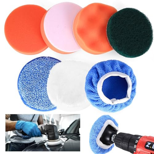 7 Stück Polieraufsatz Akkuschrauber, 100mm Polierschwämme Pads Polierset,Polierschwamm,Auto Polierpads, Woll Polierhauben, Auto Polieren Pads für Akkuschrauber Poliermaschine Winkelschleifer