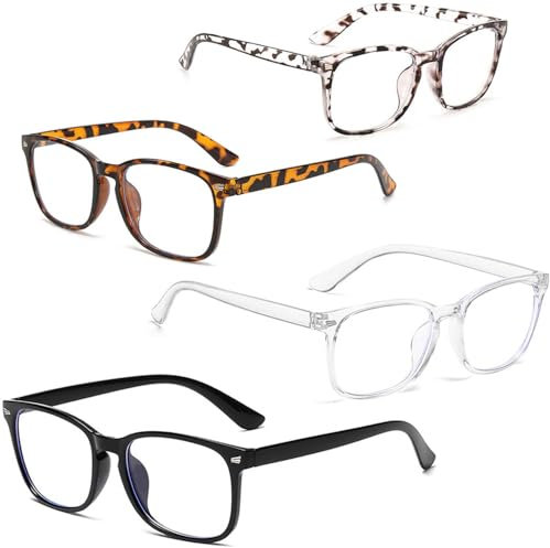 FeiOne 4 Pack Blaulichtfilter Brille Damen, Quadratischer Rahmen Brillen, Blaulichtfilter Brille Damen/Herren, Anti Glare Brillen Ohne Stärke Blaulichtbrille für Computer, TV, Gaming, Modisch Bequem