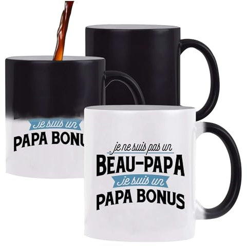 Tasse Magique Papa Bonus Beau Papa | Mug qui change couleur avec la chaleur | Idée Cadeau Beau Père Humour Original Noël Anniversaire Famille Amour Fête des Pères
