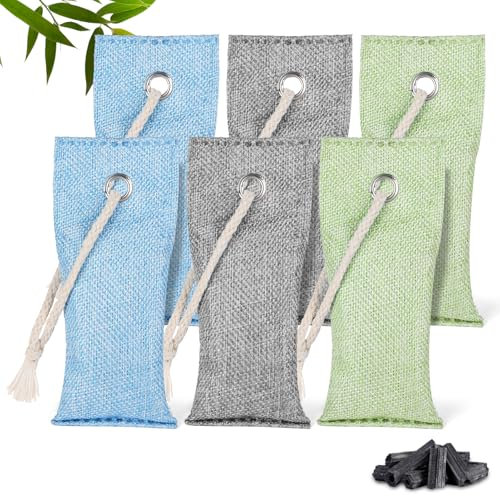 HOTUT Sac Désodorisant en Bambou Naturel, Lot de 6 Purifiants d'air en Charbon de Bambou, Filtre à Charbon Actif, Sac de Purification Pour Armoire, Chaussures, Salle De Bain, Cave, Voiture