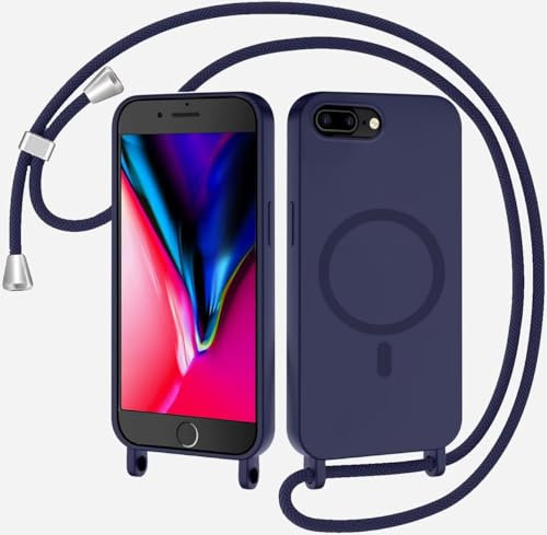 SLWYF Magnetische Handykette für iPhone 6/7/8 Plus Hülle mit Band, Handyhülle Kompatibel mit MagSafe, Silikon Seil Necklace Handyhülle PU Stoßfest mit Abnehmbar Kordel zum Umhängen Case - Dunkelblau
