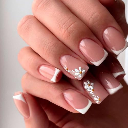 SXVME White French Tip Press on Nails Short Square Shape False Nails with 3D Small White Flower Designs Natural Nude Daisy Floral Fake Nails Short Spring Summer for Women Daily Wear, 24 Pcs