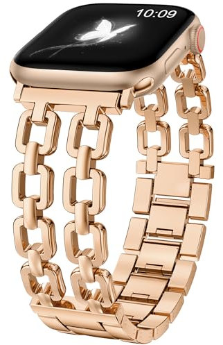 Wearlizer Compatible with Apple Watch Straps 41/40/38/42mm Women, Dressy Fancy Metal Chain Pretty Strap Designer Gold Silver Link Bracelet for iWatch SE Series 11 10 9 8 7 6 5 4 3 2 1 Rose Gold