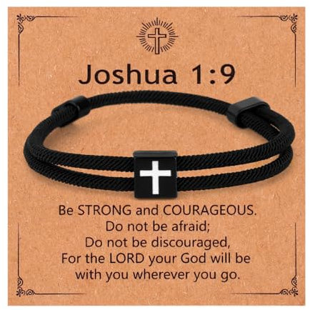 Mikovivi Pulsera de Cruz Negra para Hombre, Pulsera de Cuerda Trenzada Ajustable con Versículo Bíblico Religioso Josué 1:9 Cuerda Trenzada para Hombres Regalos Cristianos