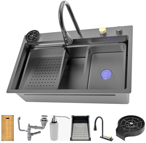 Cata Fregadero Sobre Encimera Cascada Viral Cubeta Cuadrada 75 x 45 cm Incluye Grifo Lavavasos Dispensador Tabla Escurridor Accesorios Color Acero