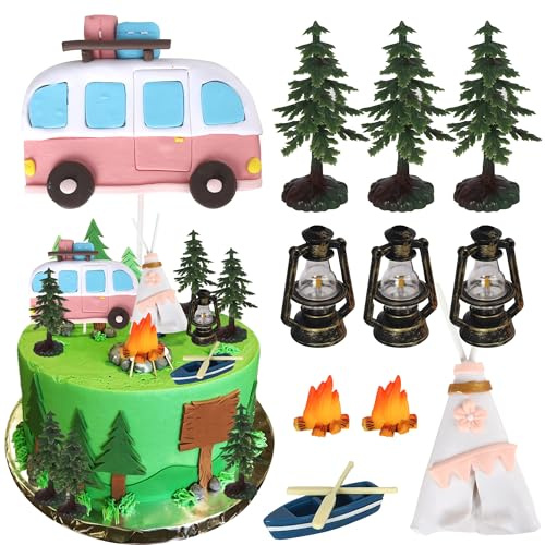 Xsstarmi Camping Cake Topper Decoration Set Forest Bonfire Cake Pick for Happy Camping Theme Party DIY Cake Decorations Supplies
