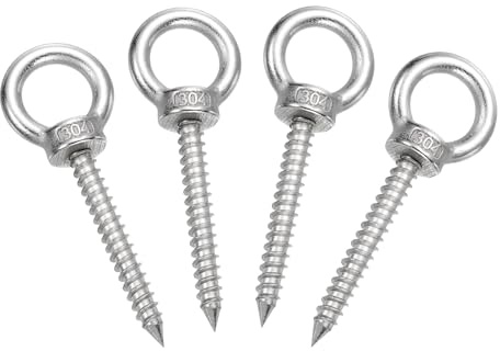 sourcing map M6x50mm Eye Hooks 3.1x1.1x1.1 Inch 304 Stainless Steel Eye Bolts Hammock Hooks for Screw Eyes Hanging Swing, Yoga Hammock Stand, Pack of 4