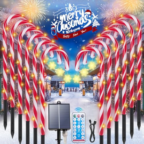 YEPVIE Solar Candy Cane Lights, 12 Pack Waterproof Candy Cane Christmas Outdoor Lights, 8 Modes 1200mah Battery Solar Powered Outdoor Led Light for Christmas Pathway, Yard, Patio, Garden Decorations