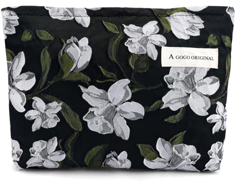 Flower Makeup Bag for Women Cute Makeup Pouch for Purse Zipper Cosmetic Bag Large Capacity Quilted Canvas Aesthetic Travel Toiletry Bags, AH Magnolia, Vintage Brocade Floral