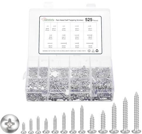 METALLIXITY Phillips Pan Head Self Tapping Screw M2/M3/M4 525Pcs | 304 SS Self Tapping Screw Assortment Kit for Metal Wood Plastic, for Cabinet Wall Shutter Plate Rock Furniture, Silver Tone
