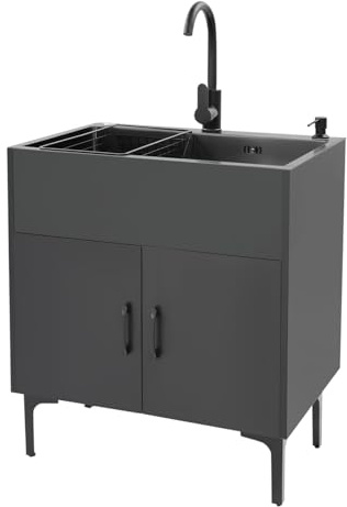 Freistehende Küchenspüle mit Unterschrank und 360° drehendem Wasserhahn, 68x45 cm Wäschespüle Freistehende Spültisch mit Seifenspender und Ablaufkorb für Küche, Garten, Werkstatt, Waschküche (Schwarz)