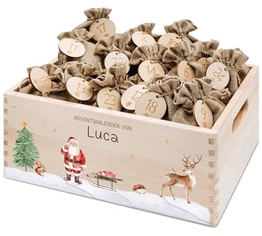 Bärenfreunde Personalisierter Adventskalender zum Befüllen, Holz, Kinder | Adventskiste, Stoffbeutel selbstgestalten, Säckchen, Jutesäckchen, Diy-Box, Tütchen, Säckchen, Weihnachten