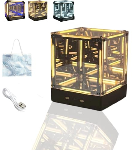 Infinite Space Abyss Lamp, Creative 4d Infinite Abyss Mirror Night Light with Touch Dimming, Rechargeable Fancy Leds Cube Touch Battery Night Light for Gaming Setup Futuristic Room Décorc (Yellow)