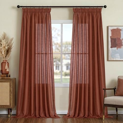 Terracotta Vorhänge Leinen Kräuselband-Vorhang Ziegelrot Herbst Vintage Gardinen Esszimmer Schlafzimmer Wohnzimmer Modern für Schienensystem Halbtransparent Lichtdurchlässig Boho 140x225 cm 2PCS