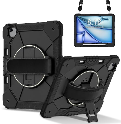 LAHDFKAJ Compatible with iPad Air 13 Inch Case M4 / M3 / M2 (2026/2025 / 2024) Case,Multi-Function Shockproof Cover with Rotating Stand, Kickstand, Hand Strap & Shoulder Strap(Black)