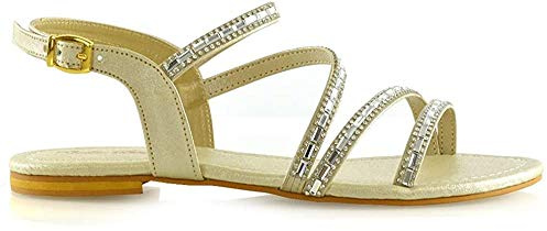 Womens Strappy Flat Sandals Ladies T-Bar Embellished Diamante Sparkly Shoes Size