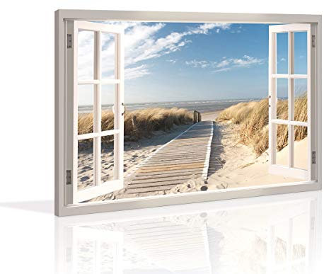 Visario bestpricepictures 120 x 80 cm Bild auf Leinwand Fenster Blick Nordsee Ostsee Düne Fensterblick 5007-SCT deutsche Marke und Lager