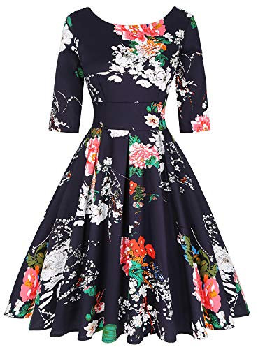 MINTLIMIT Women's Vintage Dress Ladies Cotton Retro 1950s Rockabilly Swing Floral Print Tea Hem Party Skater A Line Prom Cocktail Party Homecoming Dress Floral Navy,Size M