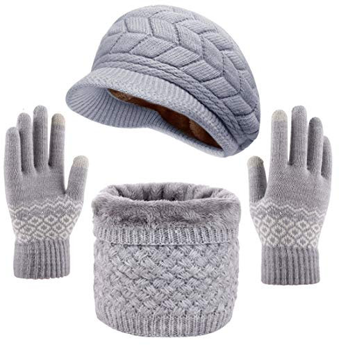 CheChury Strickmütze Winter Mütze Schal Handschuhe set mit Fleecefutter Barett Mütze Elastischer Halswärmer für Damen-Grau-One Size