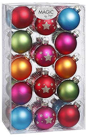 Inge Glas Magic Weihnachtskugeln verziert Sterne | Christbaumkugeln Sortiment 28-teilig Kugeln 6cm | Echtes Glas (Mille Fiori | Mehrfarbig bunt)