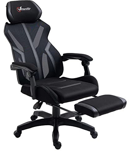 Vinsetto Silla Gaming con Reposapiés Retráctil Silla de Oficina Giratoria Reclinable con Reposacabezas y Altura Ajustable 65x65x119-129 cm Negro