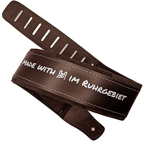 DER BANDMARKT Hochwertiger Gepolsterter Leder-Gitarrengurt mit Motiv-Druck | Gitarrengurt aus gepolstertem Leder für E-Gitarre, Westerngitarre, Akustik Gitarre oder Bass (Dunkelbraun)