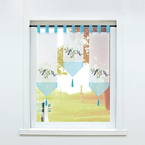 SCHOAL Scheibengardinen Set 3-teilig Bistrogardinen Küche Gardinen mit Schlaufen Panneaux mit Quaste Lamellen Gardine Transparent Vorhang Bestickt Blau 3 Stück (BxH20x50cm + BxH20x70cm*2)