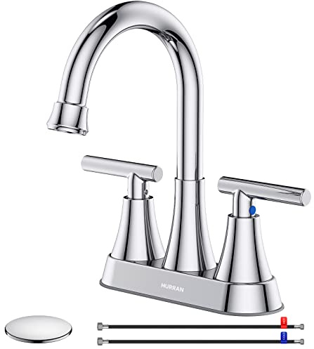 Bathroom Faucets for Sink 3 Hole, Hurran 4 inch Chrome Bathroom Sink Faucet with Pop-up Drain and Supply Hoses, Stainless Steel Lead-Free 2-Handle Centerset Utility Faucet for Sink Vanity RV