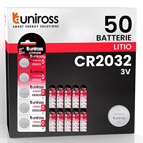 Uniross Pile Batteria Bottone CR2032 Lithium 3V al Litio Lunga Durata Mantenimento Carica Fino a 5 Anni Senza Mercurio e Cadmio - 10 Blister da 5 Batterie