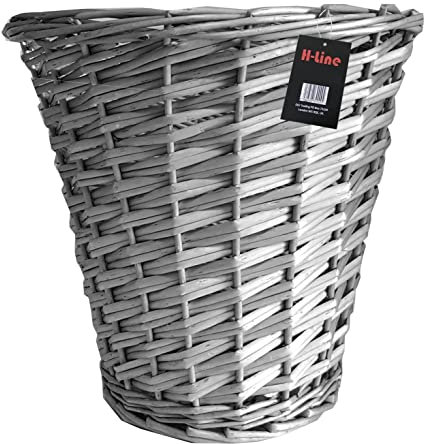 H-LINE Wicker Willow Round Basket Storage Waste Paper Rubbish Bin Country Style Bathroom Bedroom Office (Grey)