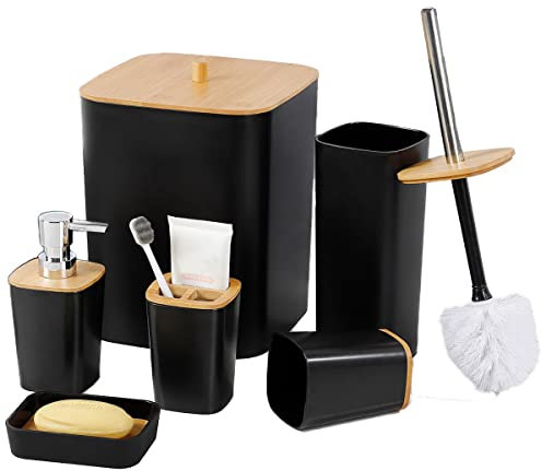 JETAINE 6 Pieces Bamboo Bathroom Accessories set, Luxury Modern Bathroom Accessory Bath Set, Black Toilet Accessories w/Trash Can, Toothbrush Holder Cup, Soap Dish Holder, Soap Dispenser Gift