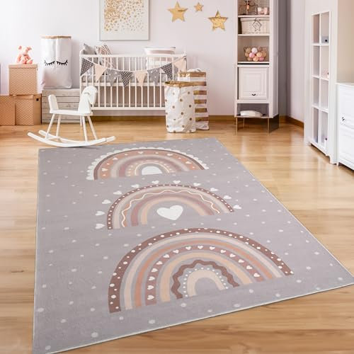 Paco Home Teppich Kinderzimmer Kinderteppich Spielteppich Kurzflor rutschfest Krone Herzen Punkte Sonne Regenbogen Buchstaben, Grösse:200x280 cm, Farbe:Grau-Beige