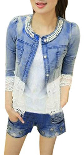 TDEOK Women's Winter Jacket Denim Jacket Casual Lace Half Sleeve Denim Jacket Long Jean Coat Bead Outwear Overcoat Denim Jacket Short Without Sleeves, blue, 10