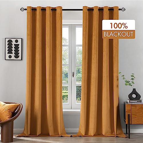 MIULEE Vorhänge 100% Blickdicht Samt Gardinen für Schlafzimmer Blickdicht thermische Vorhänge mit Ösen Kälteschutz Verdunklungsvorhang 2er Set, HxB 260x140 cm Goldbraun