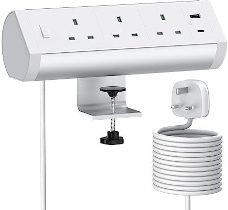 Desk Power Socket with PD 20W USB C, Haylink Aluminium Alloy Desk Power Strip with 3 UK Plugs, 2 USB Port, Control Switch, And 3M Cable, Desk Plug Socket for Office Home