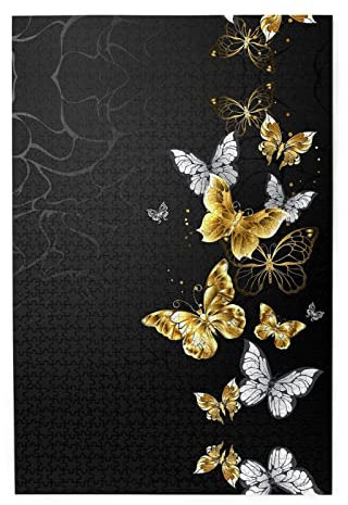 Gold Weiß Schmetterlinge Schwarz Puzzle 1000 Teile Bild Puzzles für Erwachsene, Dekompressionsgeschenk, Familiendekor-Puzzle