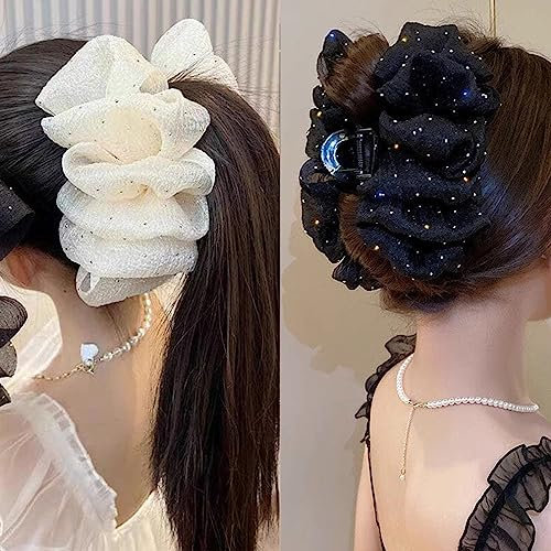 2 Stück Elegante Damen Haifischklammer, Große Haarklammer, Schleifen Blasen Clips, Chiffon Seide Haarspangen, Haarspangen für dickes Haar, Große Schleife Knoten Haarspange Clips für Frauen Mädchen