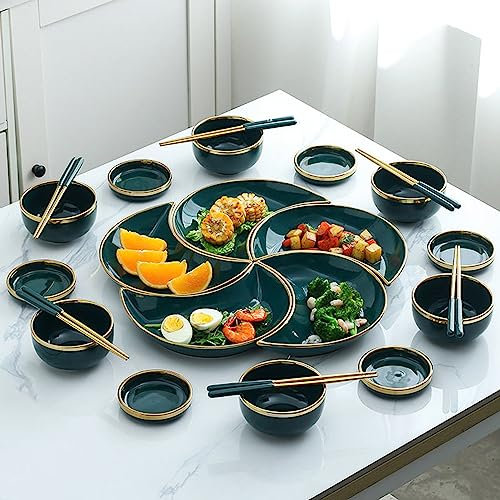 Juego de vajilla de 23 piezas de cerámica de lujo para el hogar, plato de luna, platos y cuencos, platos y palillos para 6 personas, juego de vajilla combinada de porcelana