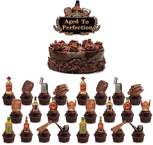 Beer Cake Toppers, Wine Themed Cupcake Toppers, Whiskey Cake Decorations for Birthday Wedding Anniversary Graduation Party(24pcs)