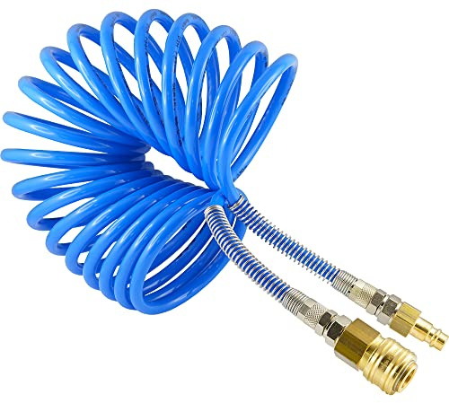 Fittingteile - Polyurethan-Spiralschlauch 360° drehbar - mit Druckluftkupplung & Srecker NW 7,2 - Pneumatik Druckluftschlauch (Außen x Innen: 6 x 4 mm/Länge: 3 Meter)