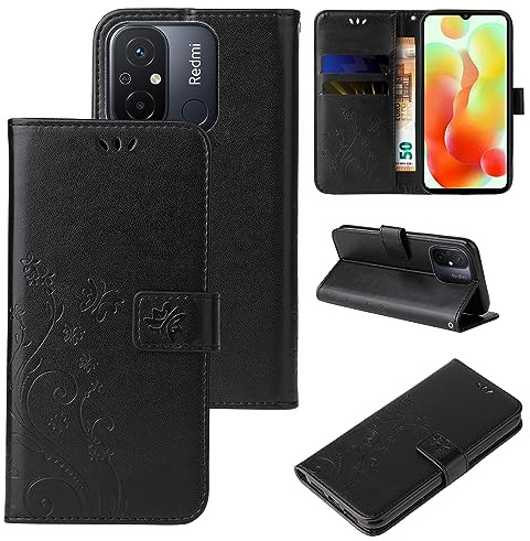 LBH Handy Hülle für Xiaomi Redmi 12C Case Handytasche Schmetterling Blumen Flower Standfunktion Schutzhülle Magnet Rundum Schutz 360 Grad Flipcase Cover Schwarz