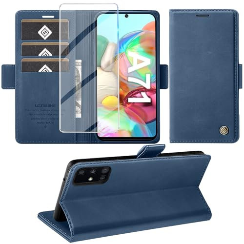 Giyer Handyhülle für Samsung Galaxy A71 Hülle mit Displayschutzfolie, Schutzhülle Galaxy A71 Universal-4G/5G PU Leder Wallet Flip Case Standfunktion Kartenfach Klapphülle für Samsung A71 Cover (Blau)