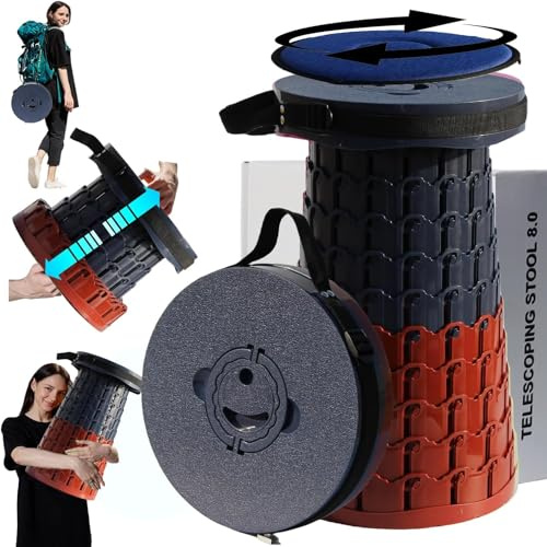 ALEVMOOM Verbesserter Dickerer Zusammenklappbarer Hocker,Teleskophocker mit Kissen, Einziehbarer Klapphocker für Erwachsene zum Campen im Freien und Angeln, Höhe 50cm, Maximale Belastung 450kg