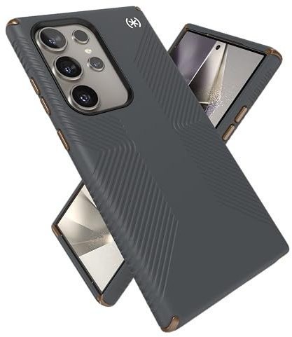Speck Samsung Galaxy S24 Ultra Case - Drop Protection, Grip - Scratch Resistant, Soft Touch Phone Case - Presidio2 Grip Charcoal Grey/Cool Bronze/White