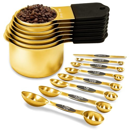 Magnetic Measuring Cups and Spoons Set, Including 7 Stainless Steel Nesting Gold Measuring Cups & 8 Magnetic Gold Measuring Spoons with 1 Leveler for Cooking & Baking