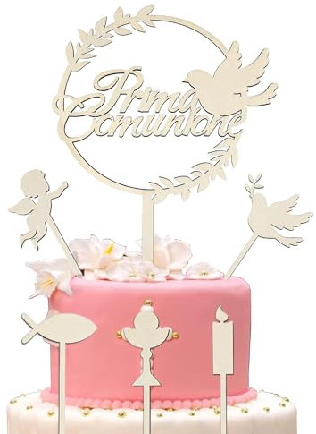 Goldenland Toppers per Torta Prima Comunione, 6pz Bambini In legno Cake Topper, Calice Pesce Angeli Colombe Candele, per Decorazione Torta Prima Comunione, Decorazioni per Cupcake
