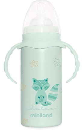 Miniland Thermobaby Dolce Mint. Thermosflasche 240ml aus Edelstahl mit Sauger und einer Doppelschicht aus Stahl, die die Temperatur des Getränks stundenlang kalt oder warm hält.