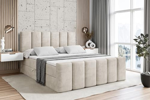 ALTDECOR Boxspringbett mit Matratze und Lattenrost, Boxbett, Topper, Fußteil, Polsterbett mit Bettkasten, Bett mit Stauraum H3-Matratze, Doppelbett, Springboxbett - BOXI1-Z - 120x200 Beige Samt