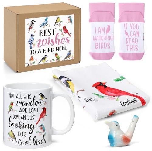 Nefelibata 4-in-1 Bird Watchers Gift Set Birds Mug Socks for Women Water Whistle Kitchen Towel Cardinal Hummingbird Kingfisher Birdies on Branch Gift Bird Lovers Nerds Christmas Holiday Present Idea