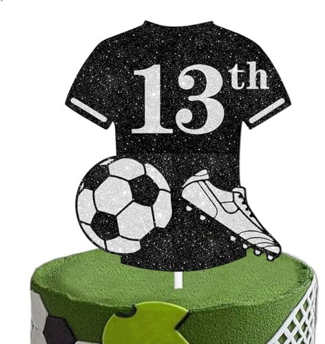 Black Glitter Football Jersey 13th Cake Topper Soccer World Cup Theme Decor Supplies Men Boys Happy Birthday Sports Stars Party Decorations